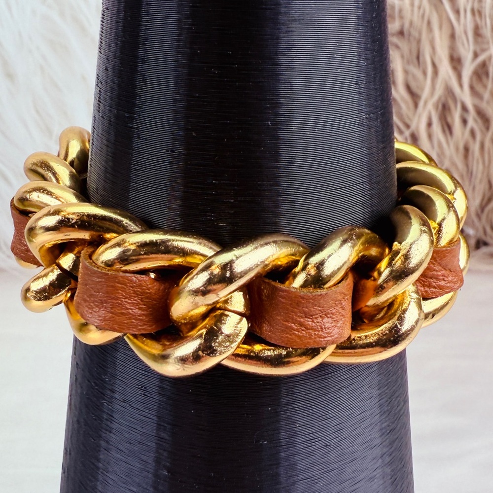 Vintage goldtone chunky chain, brown woven bracelet - Picture 3 of 9